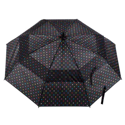 totes Automatic Neverwet® Golf Stick Umbrella black bright dots  open top canopy view