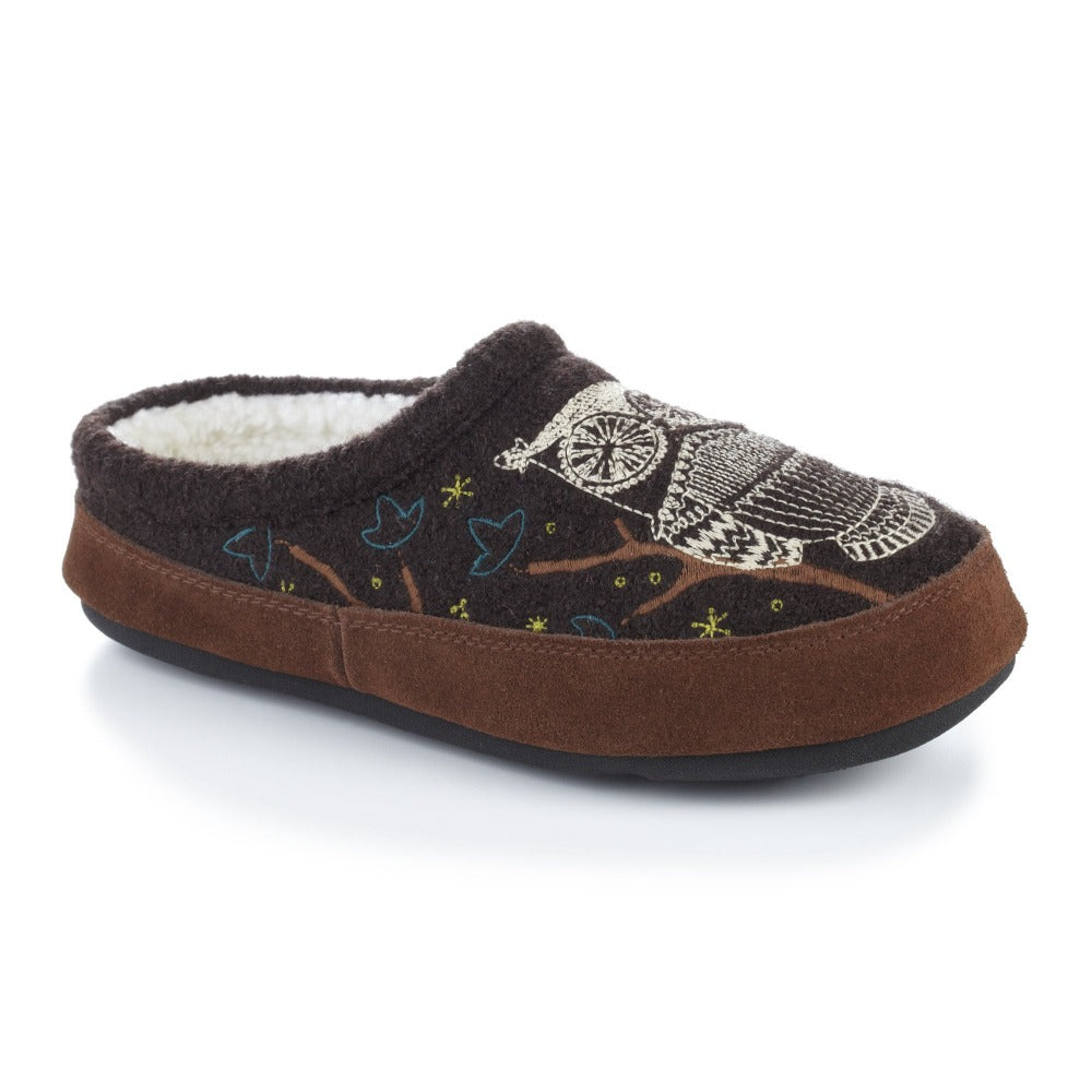 Women's Forest Mule Slippers in Chocolate Owl Right Angled View