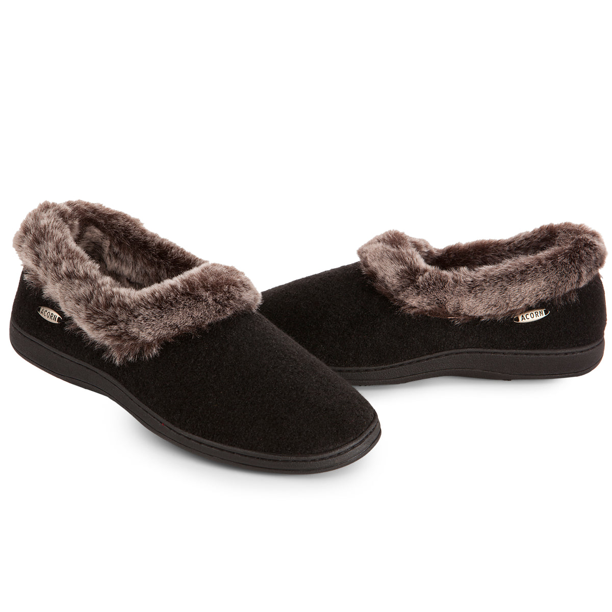 Women's Faux Fur Collar Slippers in Black both slippers