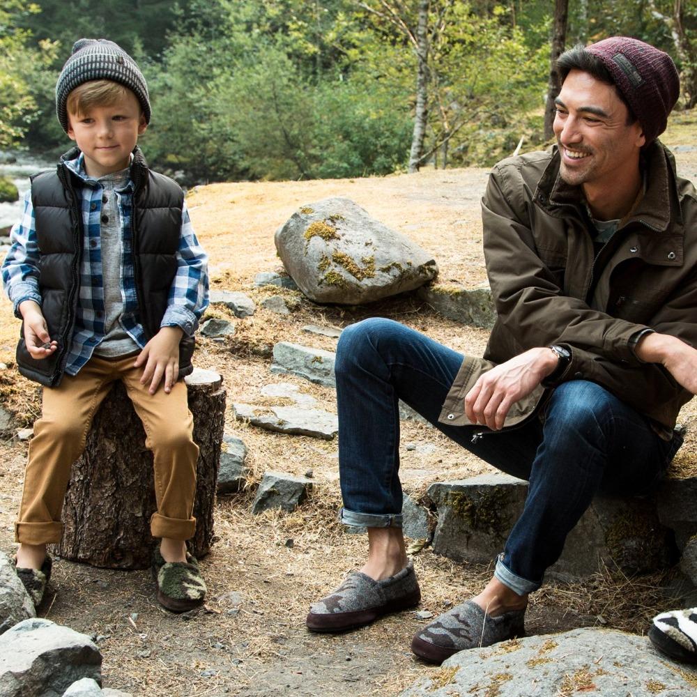 Men's Original Acorn Moccasins in Urban Camo On Model Around A Campfire