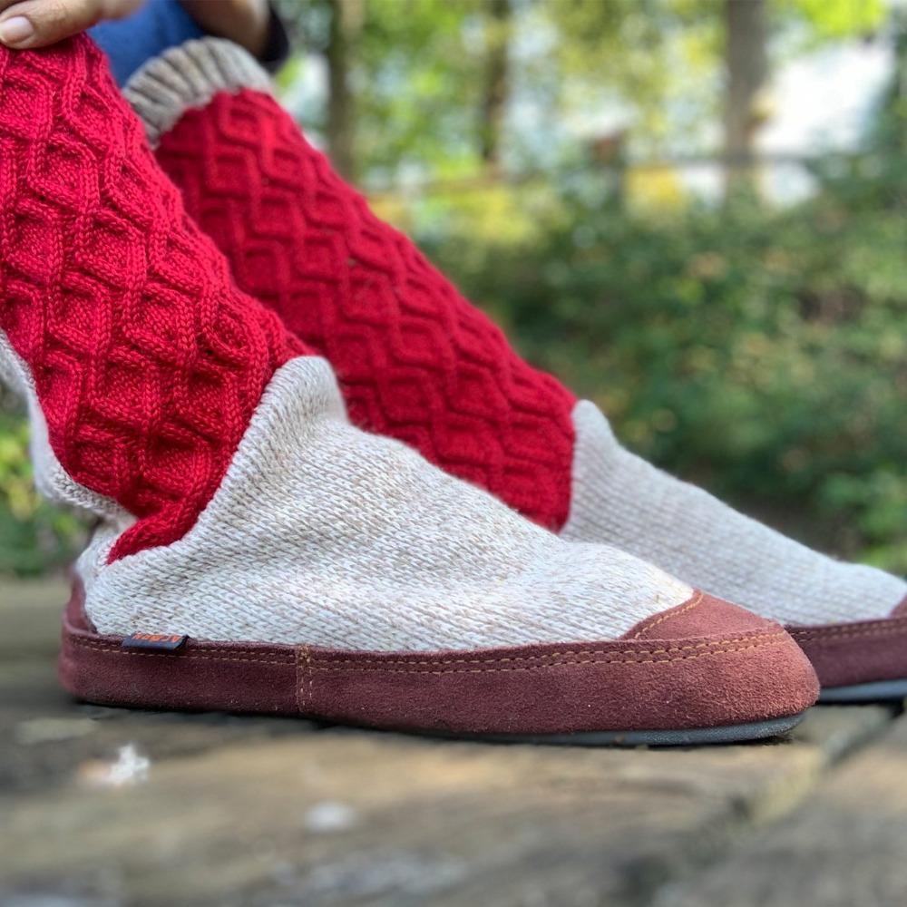 Women's Slouch Boots in Red Cable Knit On Model in the Woods