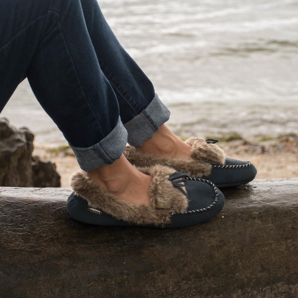 Acorn Women’s Genuine Suede with Faux Fur Moc Slippers